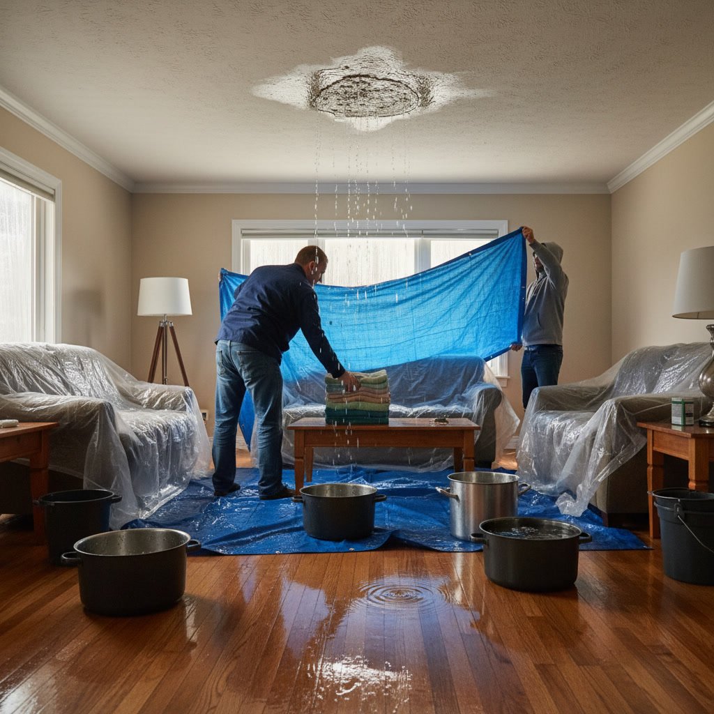 Emergency roof leak water damage in Dover Florida home ceiling