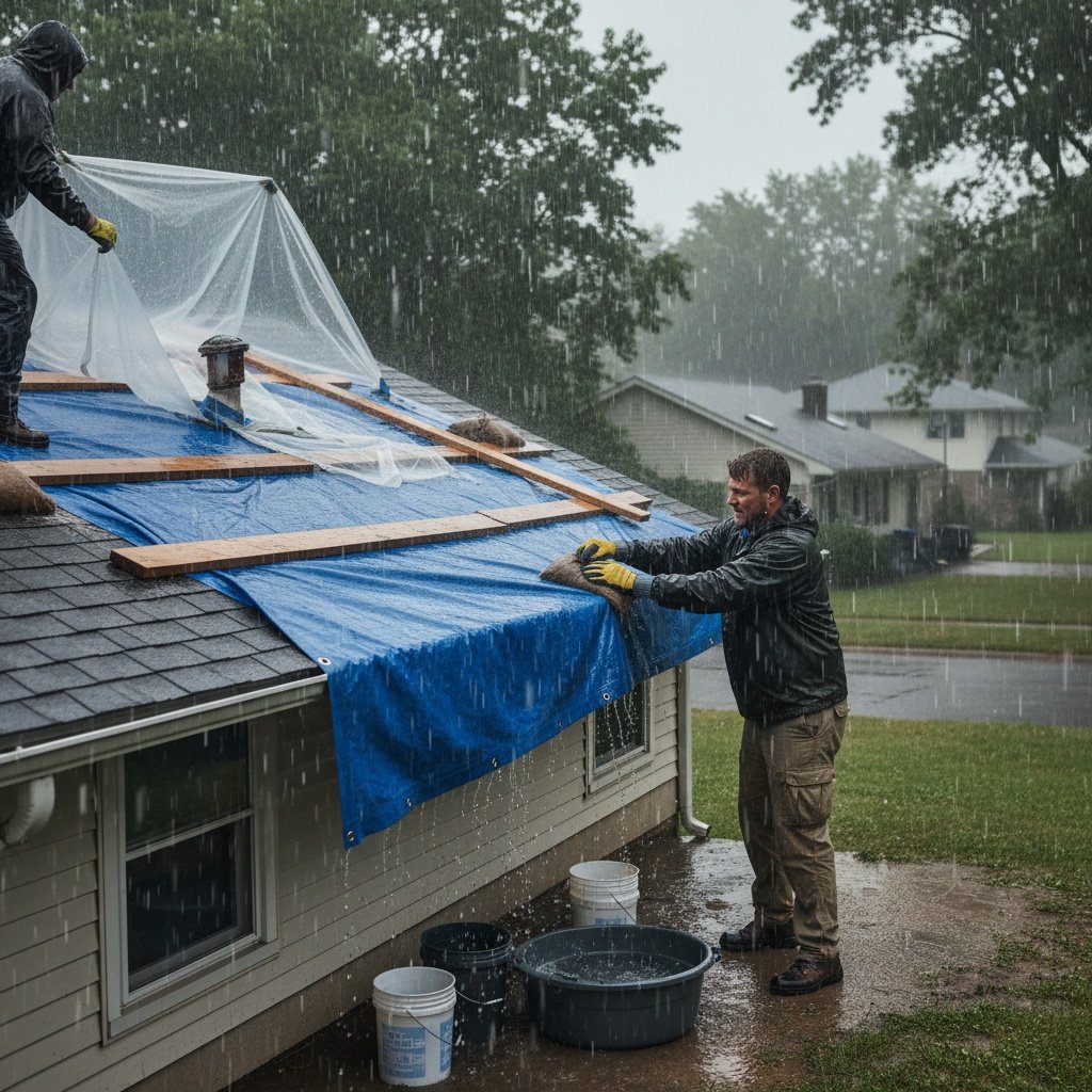 Dover Florida homeowner placing bucket under emergency roof leak