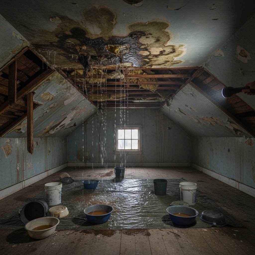 water stains on ceiling from roof leak in Bloomingdale home