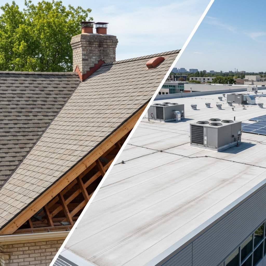 Commercial flat roof with HVAC units versus residential sloped roof in Brandon Florida