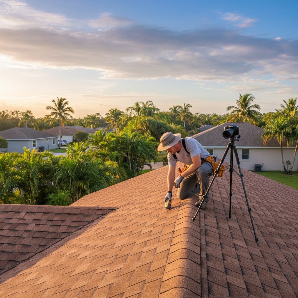 Professional roofing contractor performing thorough roof inspection in Florida
