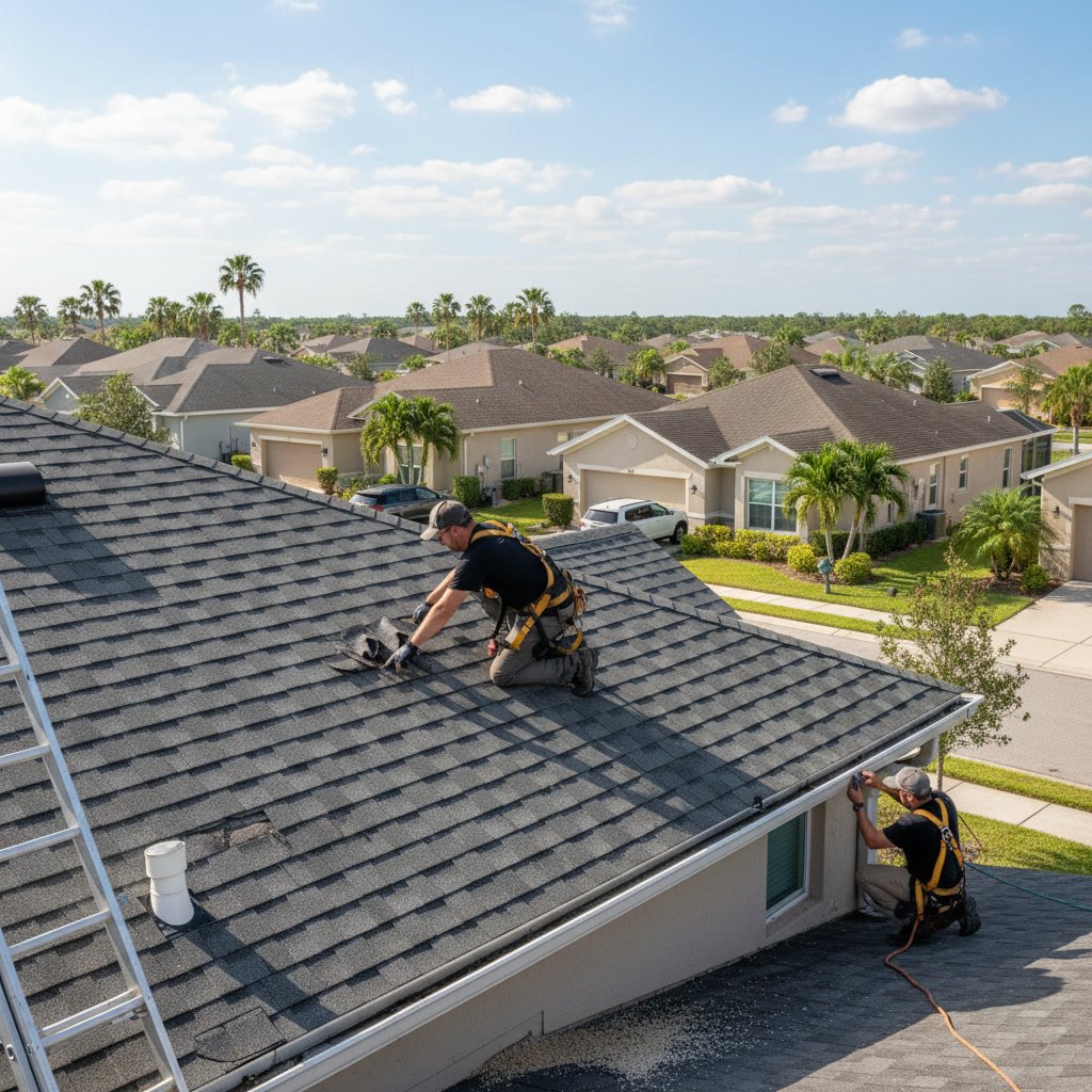 Professional roof inspector examining tile roof condition before home purchase in Riverview Florida