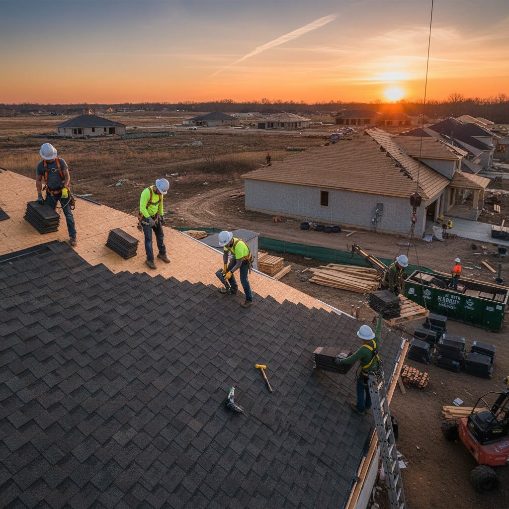 Professional roofing contractor installing new roof system with proper materials and safety equipment