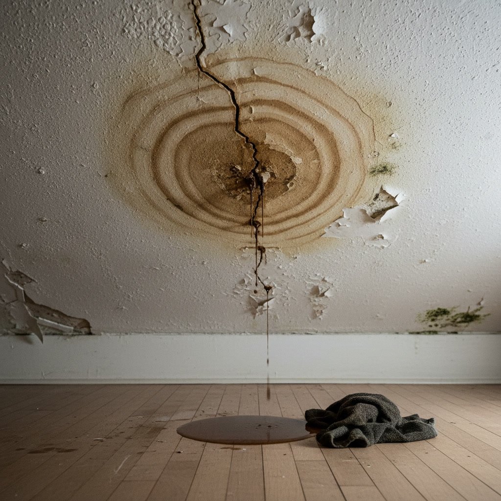 Water stains on ceiling indicating roof leak requiring immediate contractor attention