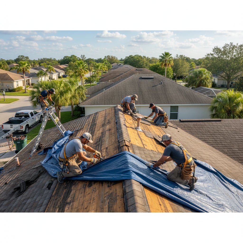 Professional roof leak repair work in Valrico showing damaged flashing and valley repair