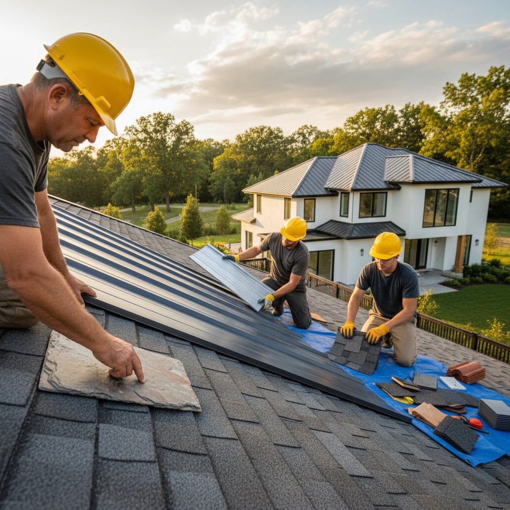 Roofing contractor examining different roofing materials including tiles and shingles