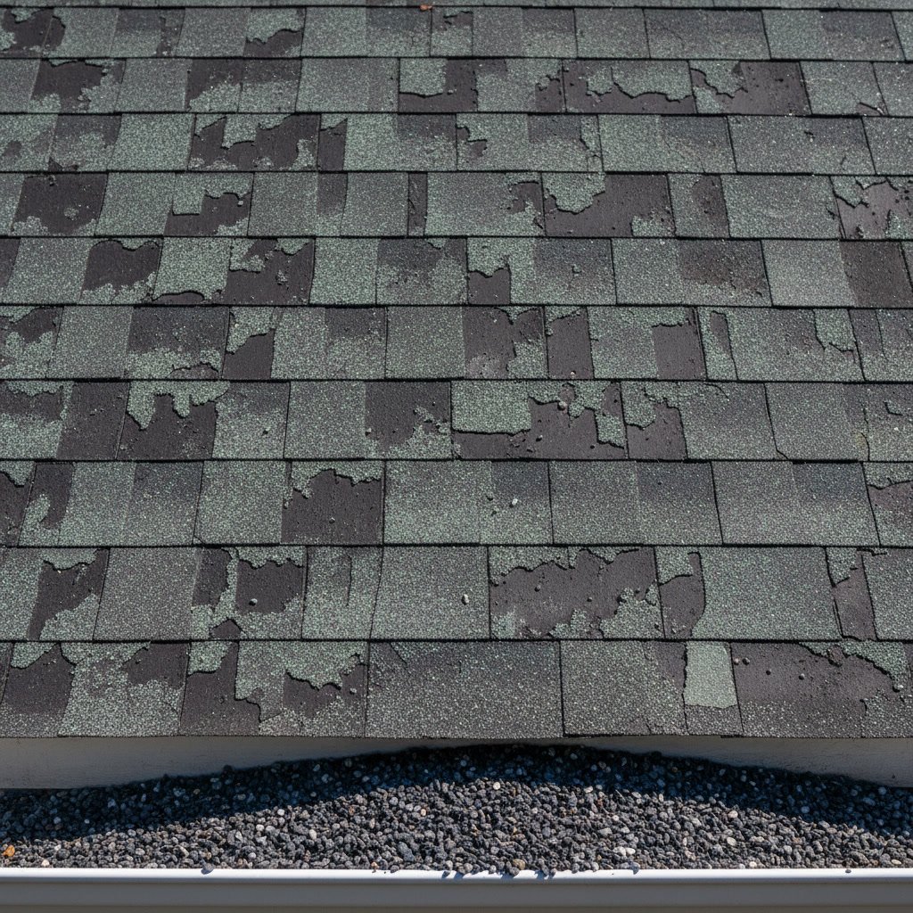 Close up of damaged roof shingles showing granule loss and requiring contractor repair