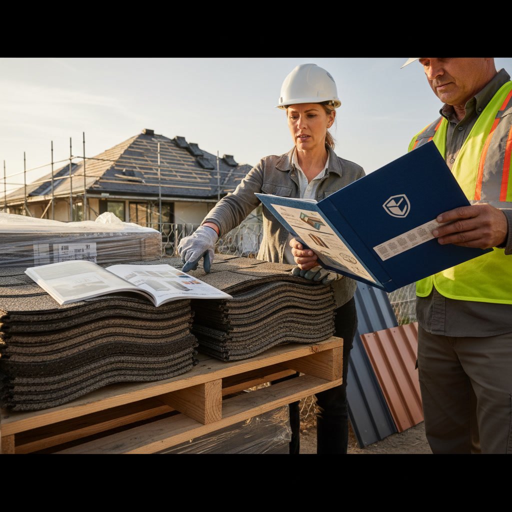 Roofing contractor examining shingle samples and warranty documents with homeowner