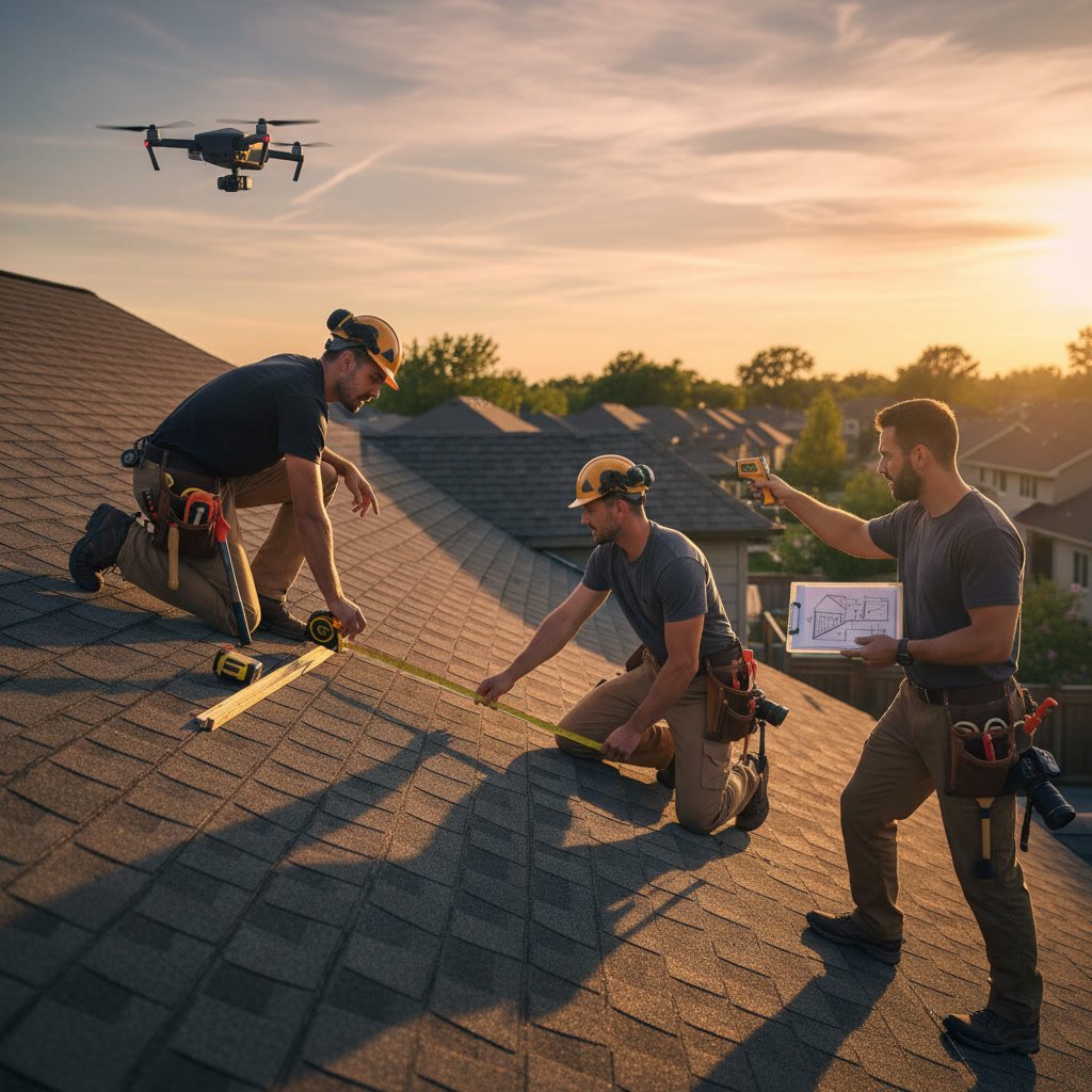 Professional roofer taking measurements and documenting roof conditions