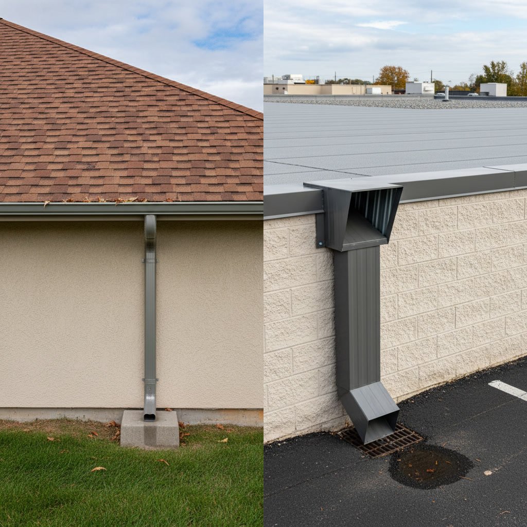 Roof inspector examining commercial drainage system versus residential gutter system