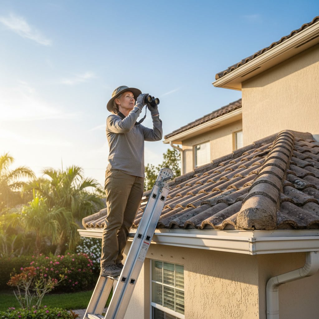 Homeowner safely checking roof condition from ground level in Florida