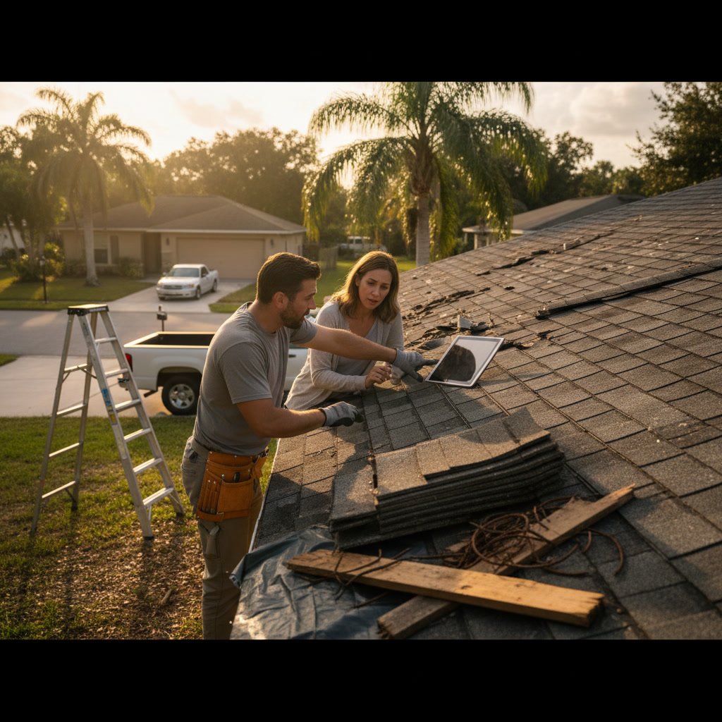 Roofing contractor providing roof repair estimate to Valrico homeowner