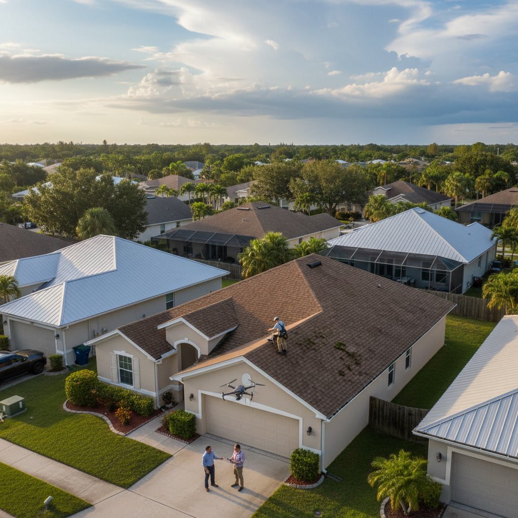Roofing contractor performing pre-purchase inspection on Riverview residential home