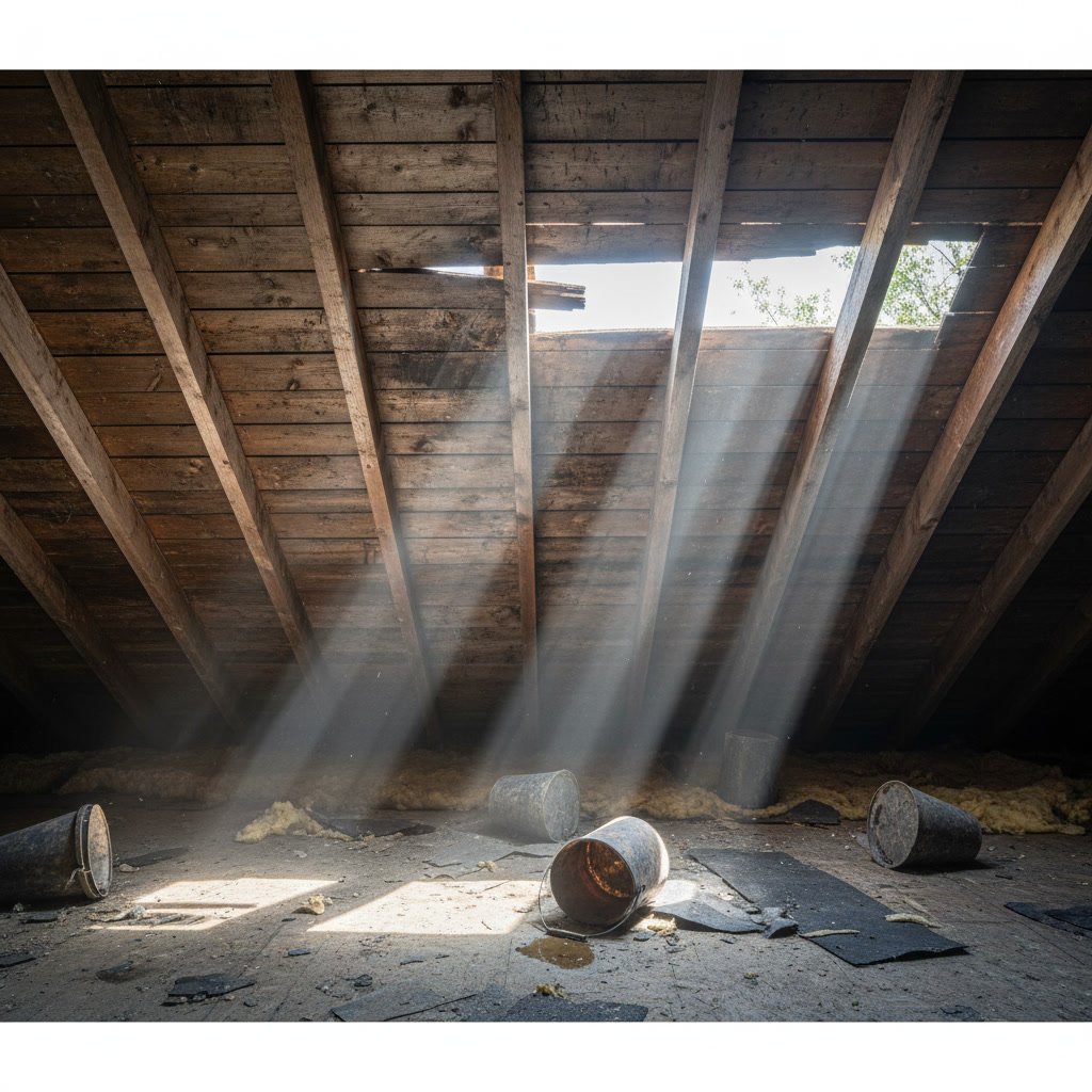 Attic view showing daylight through damaged roof deck needing immediate contractor service