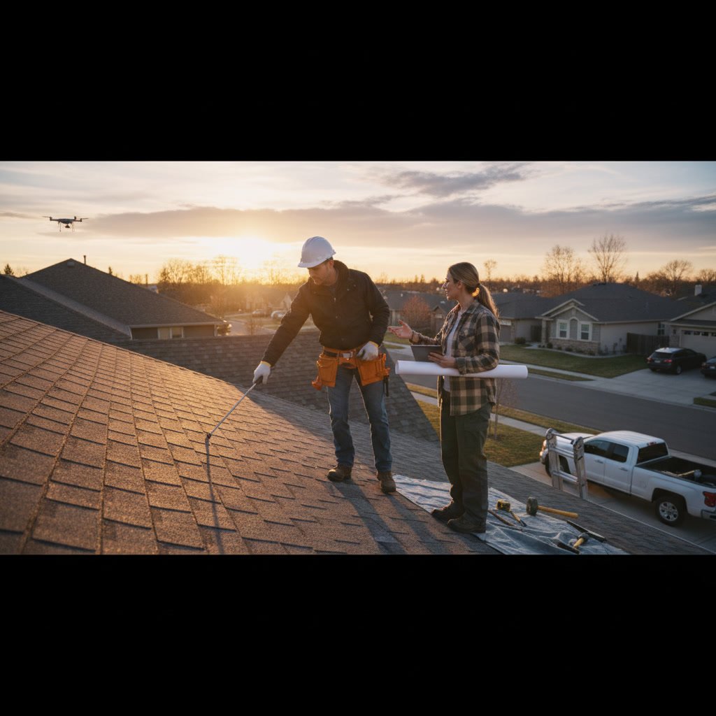 Homeowner reviewing detailed roofing estimate with contractor