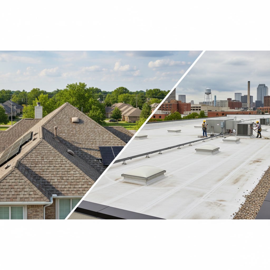 Side by side comparison of residential sloped roof and commercial flat roof in Tampa Bay Florida