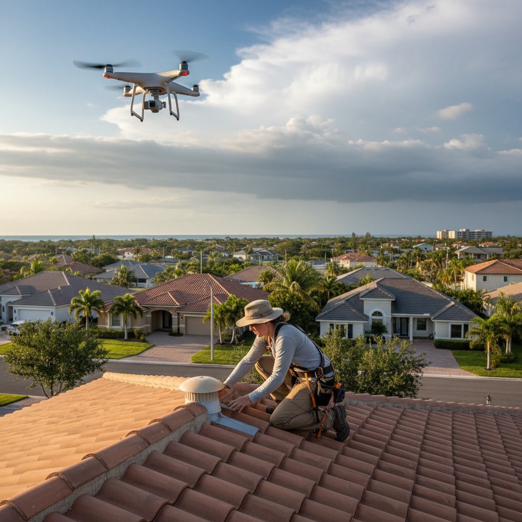 Professional roofing inspector examining residential roof in Florida