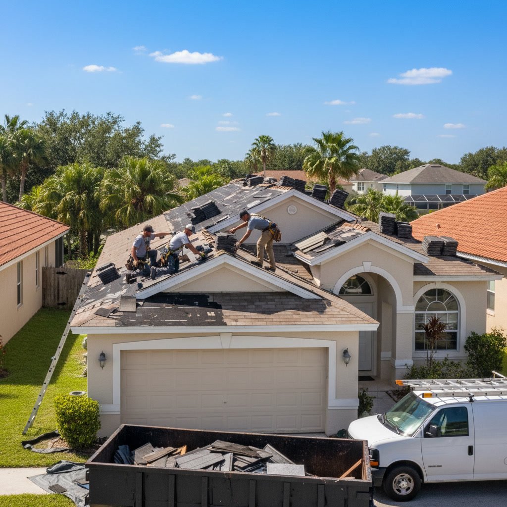 Residential roof repair work being performed on a Valrico Florida home