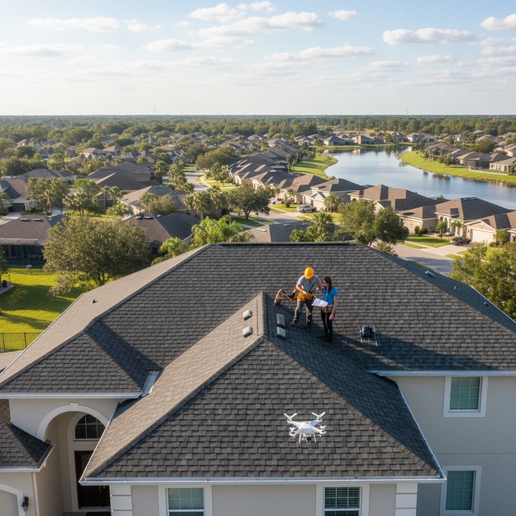 Aerial view of residential roof in Riverview Florida neighborhood being inspected before home purchase