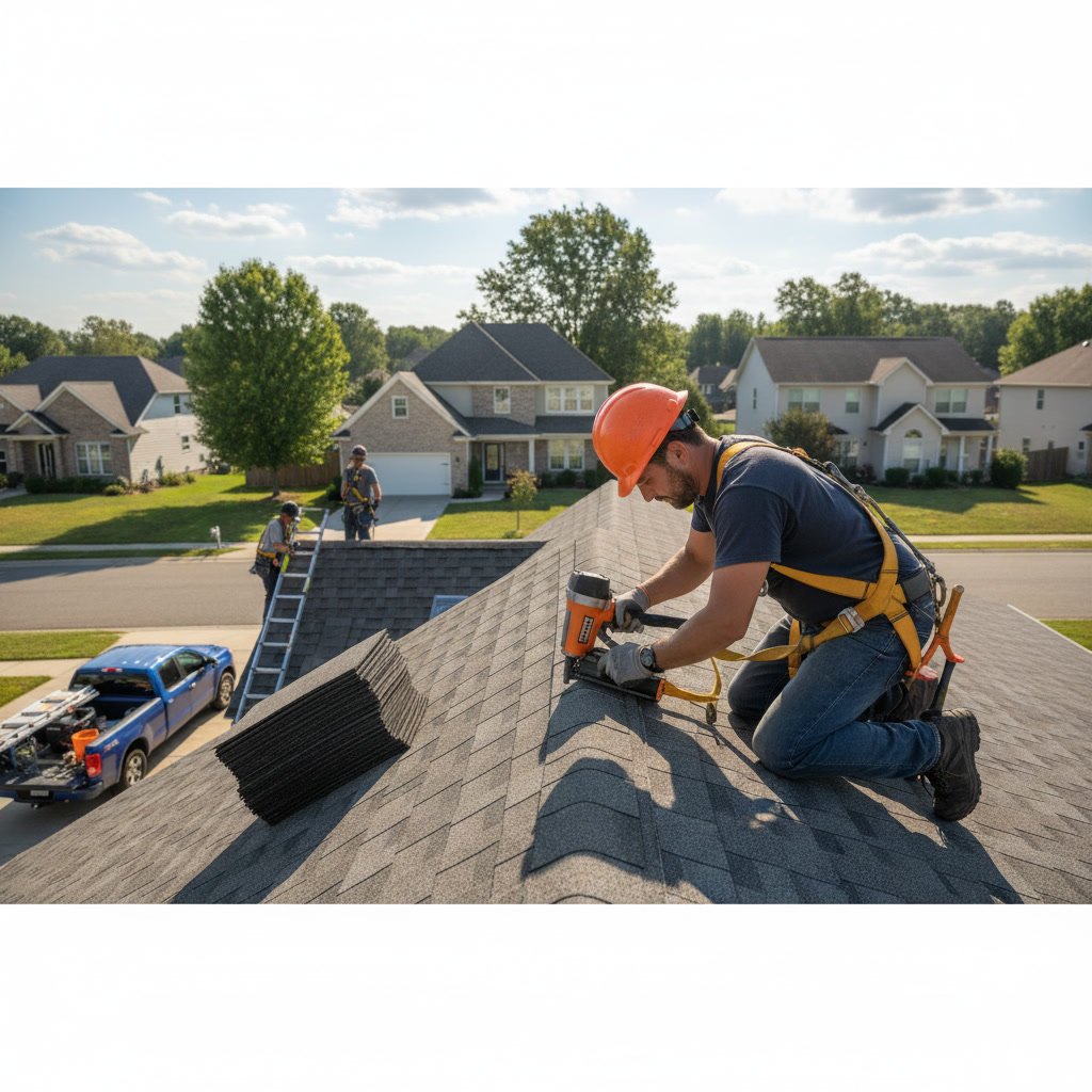 Professional roofing contractor working on residential roof installation in Florida