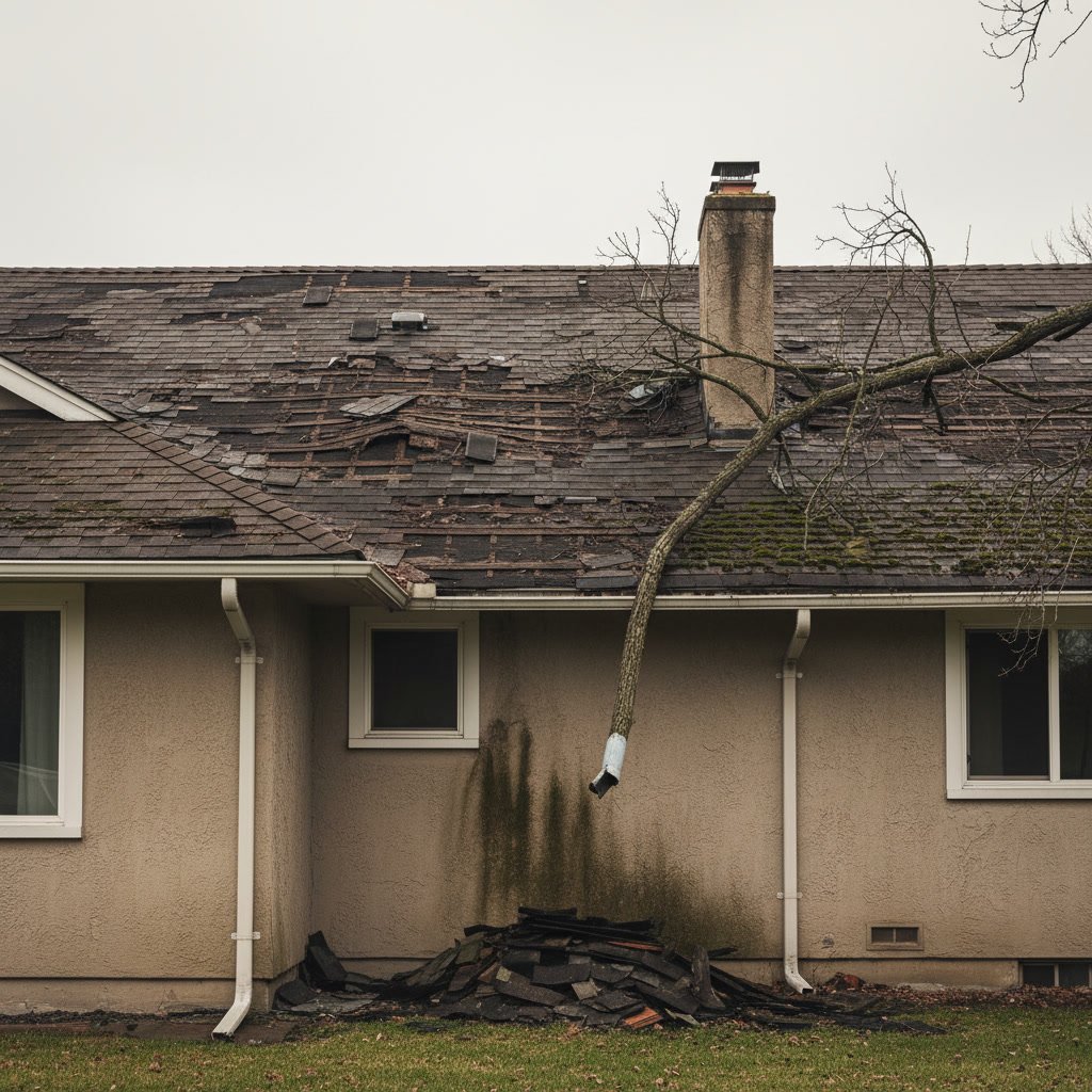 Professional roofing contractor inspecting damaged roof for immediate repair needs