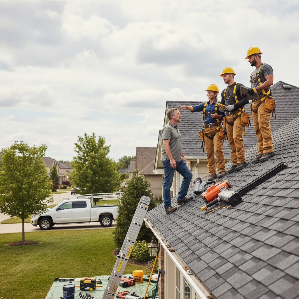 Professional roofing contractor inspecting residential roof in Florida