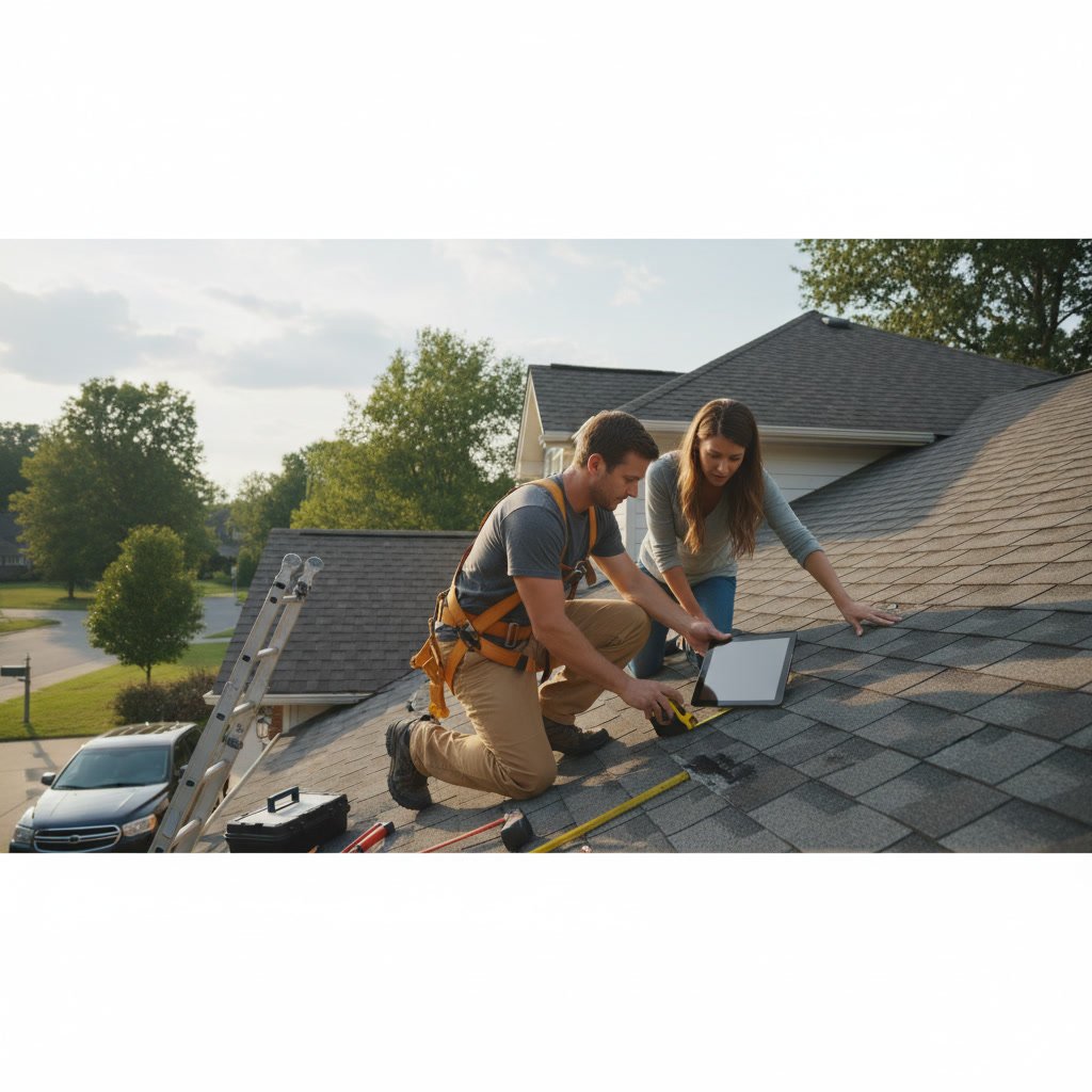 Professional roofing contractor inspecting residential roof and preparing estimate