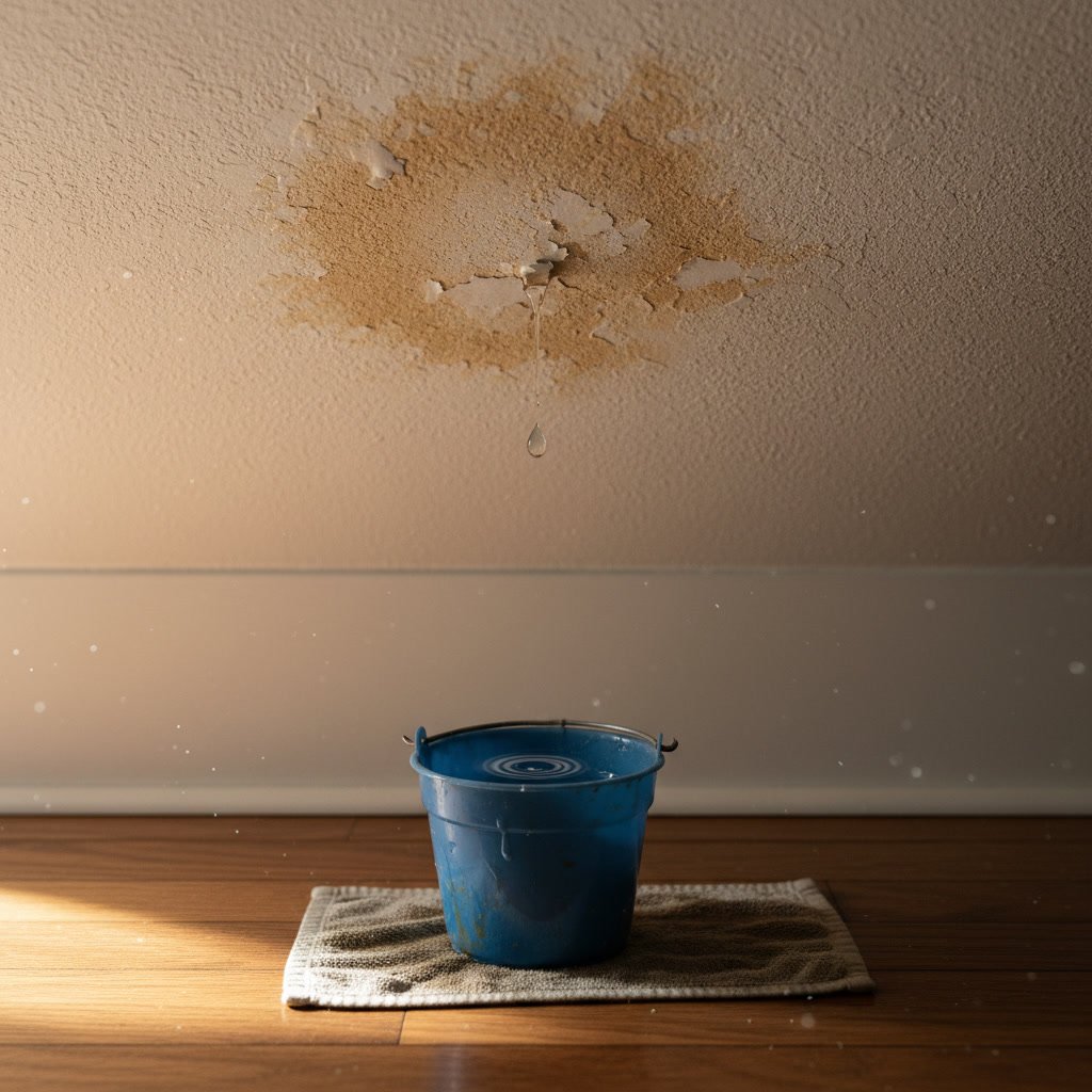 Professional roofer inspecting damaged shingles for leak detection