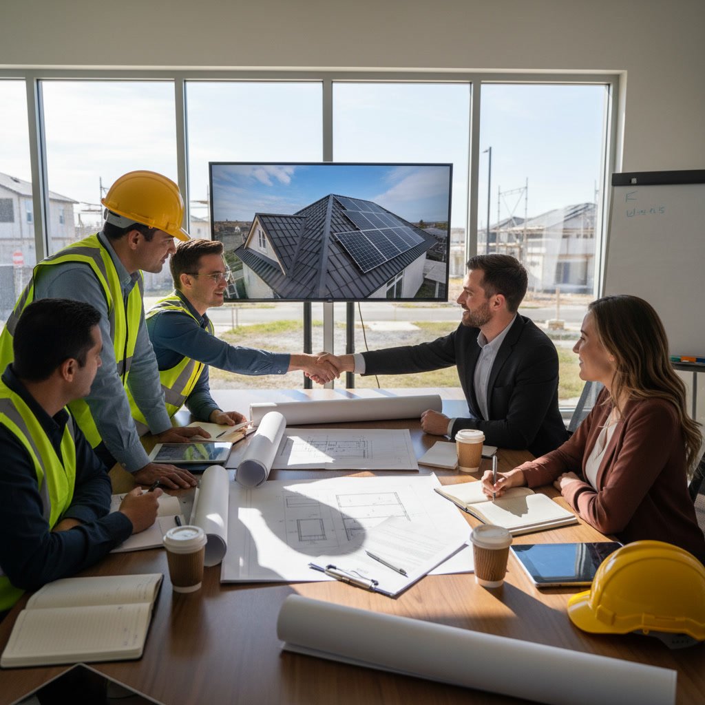 Roofing contractor reviewing contract documents and blueprints before roof replacement begins
