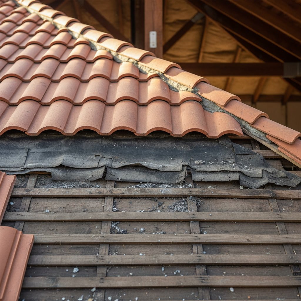 deteriorated roof underlayment visible beneath intact clay tiles during inspection
