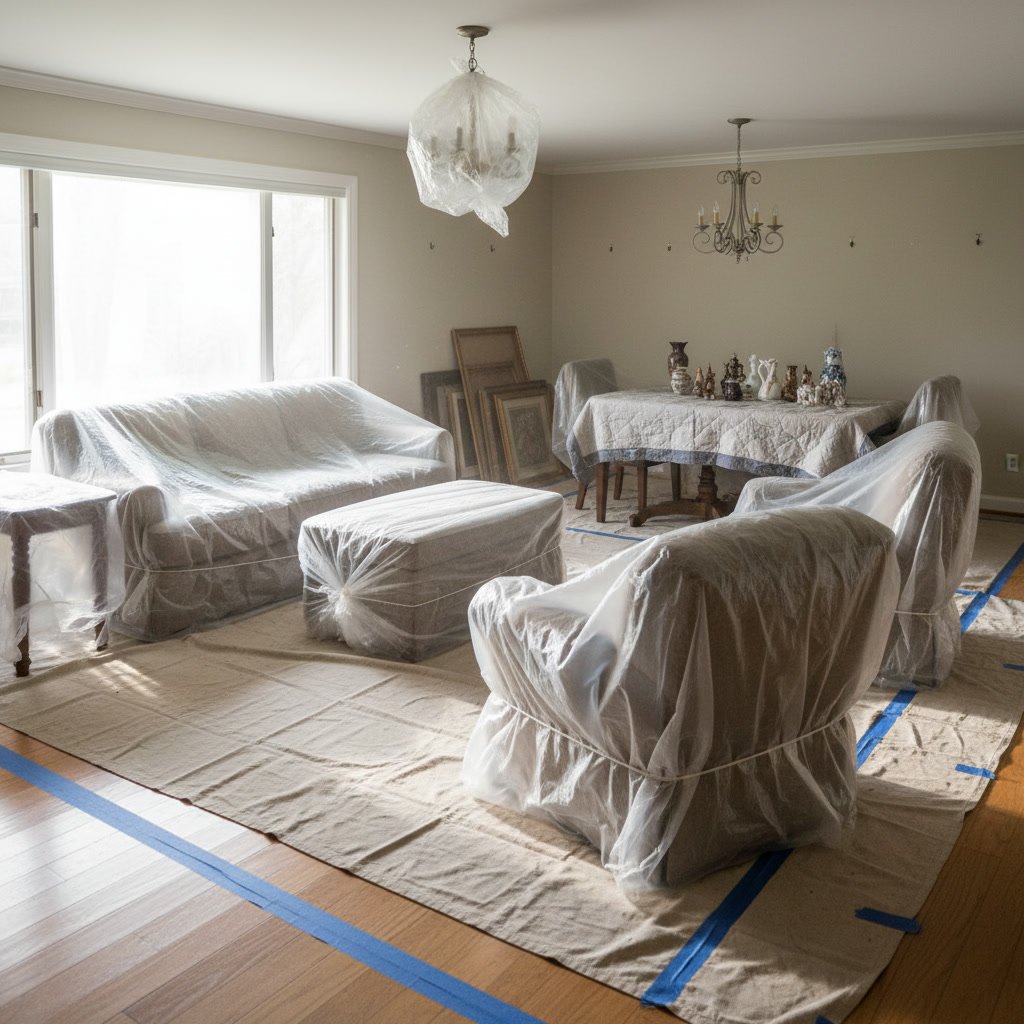 Interior attic preparation with covered belongings before roof replacement work begins