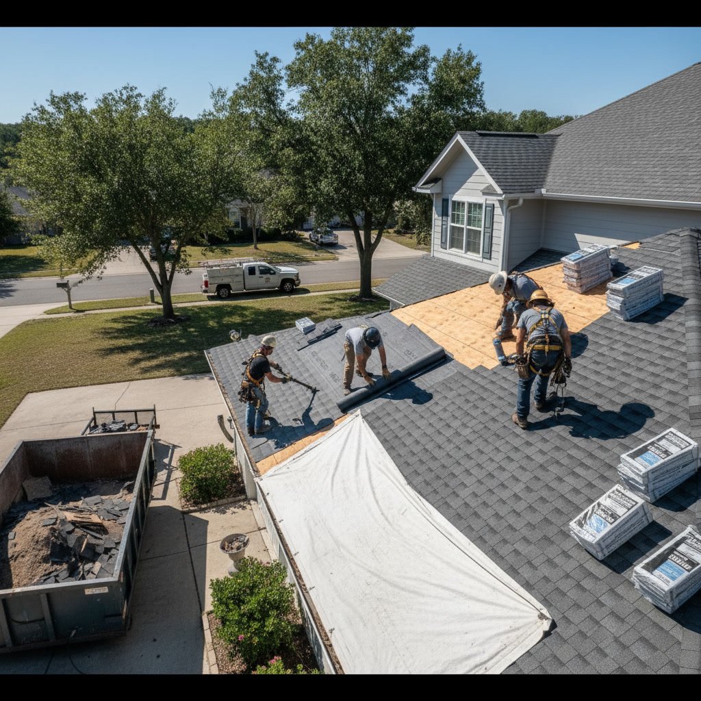 Professional roofing crew installing underlayment and starter course during roof replacement