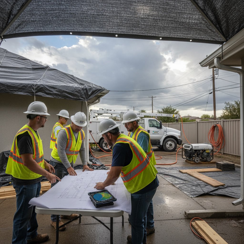 Roofing contractor crew preparing materials and equipment for residential roof replacement