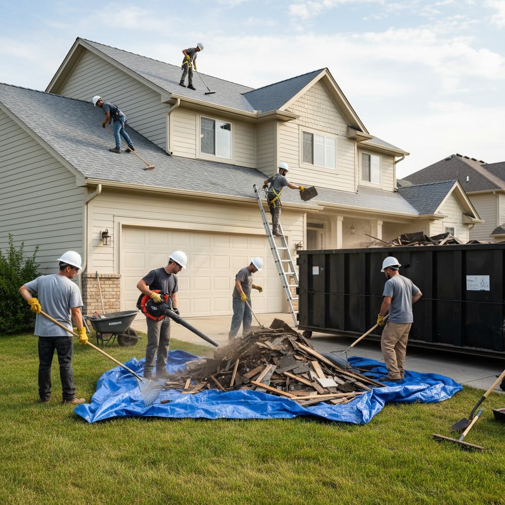 Completed roof replacement with cleanup crew removing debris and final inspection