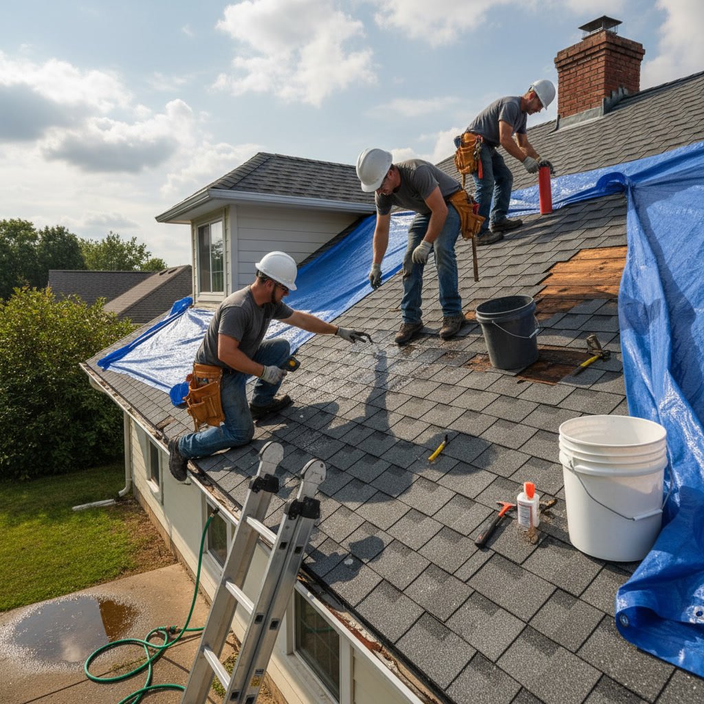Professional roofer performing leak detection and repair on residential roof