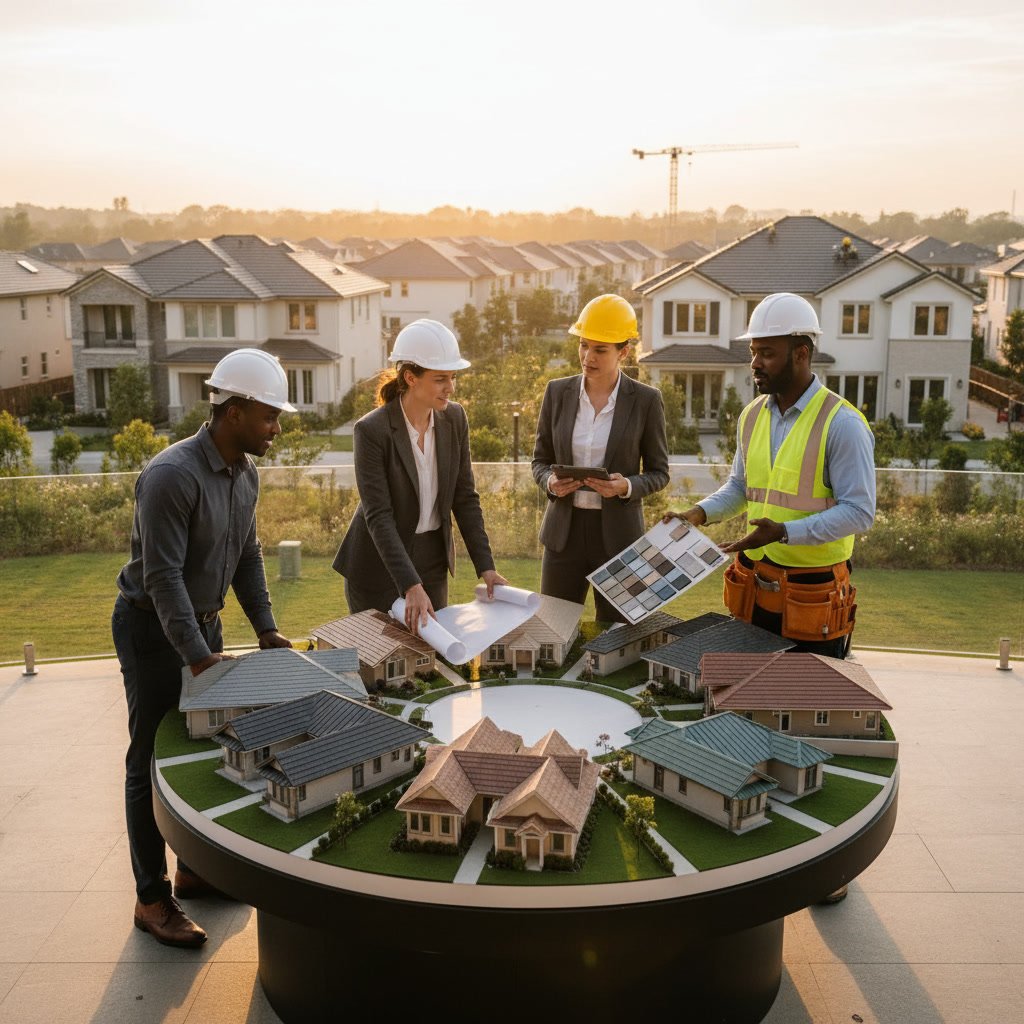 Professional roofing contractor reviewing HOA architectural guidelines with homeowner