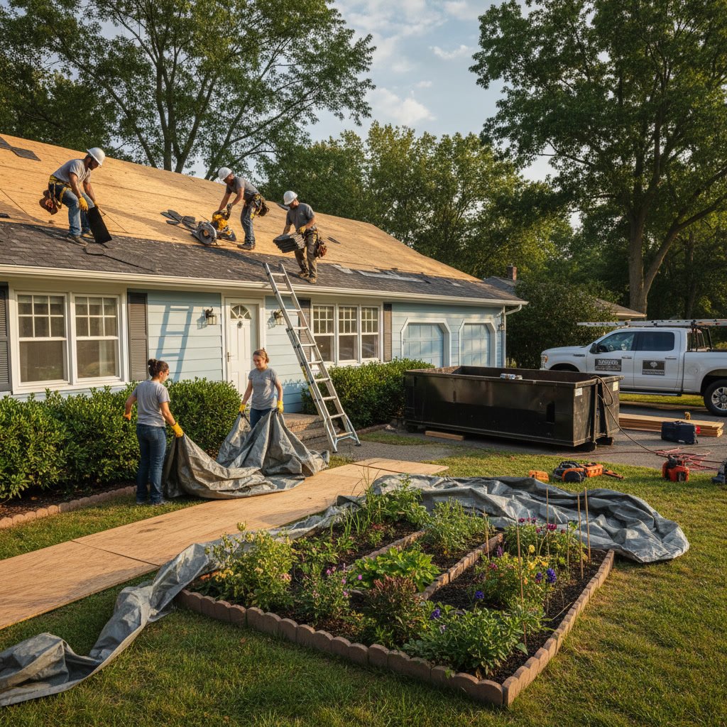 Professional roofing contractors preparing equipment and materials for residential roof replacement project