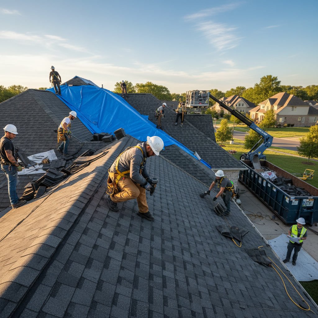Professional roofing crew replacing residential roof from tear-off to completion