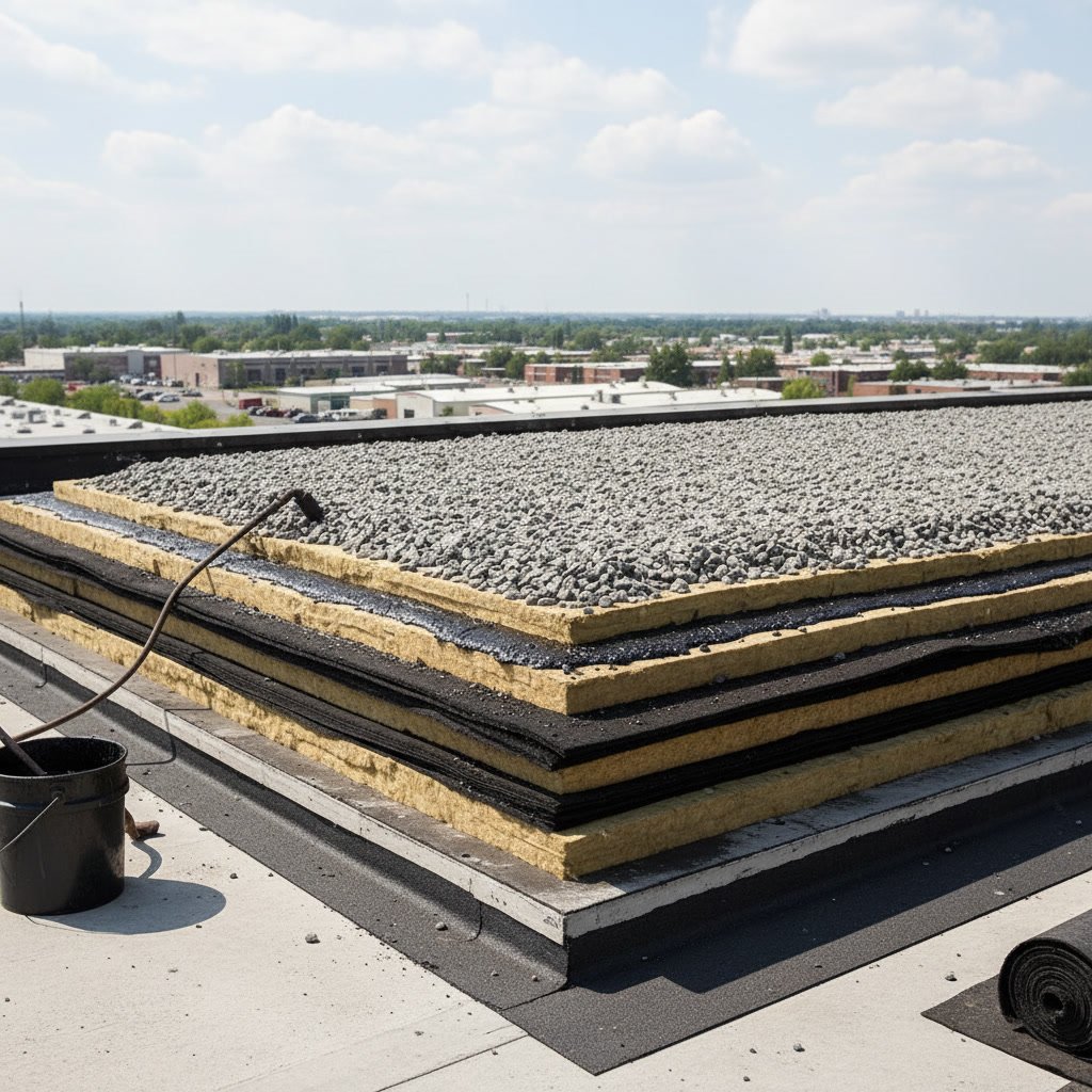 Built up roofing installation showing multiple layers of bitumen and reinforcing fabric on commercial flat roo