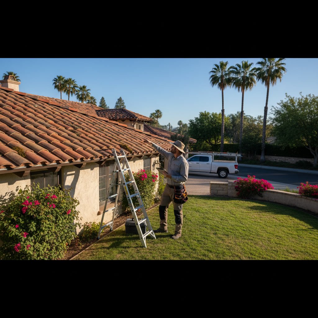 Professional roof inspector conducting ground level assessment of tile roof before climbing