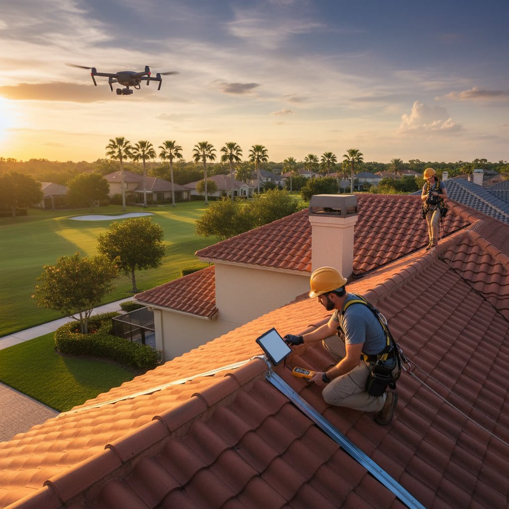 Roofing inspector examining shingles and flashing during professional roof inspection