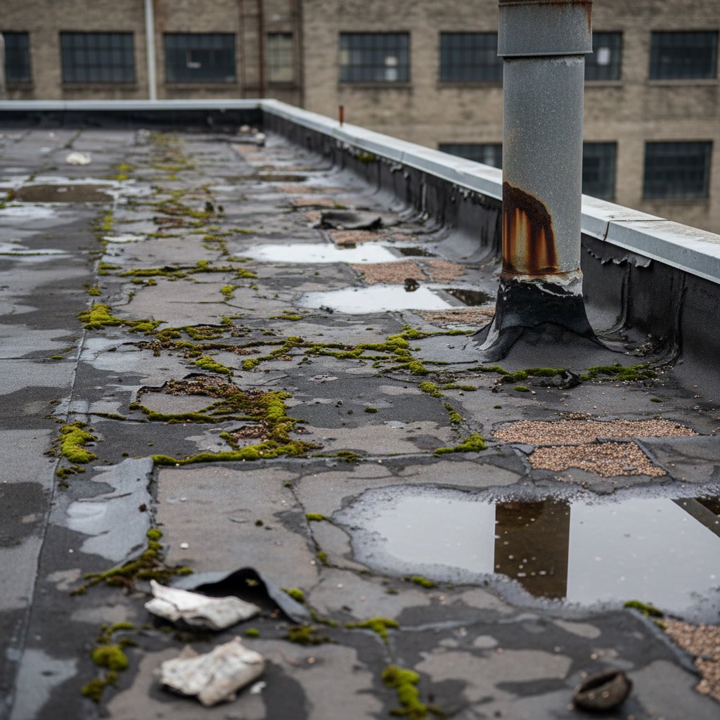 Commercial roofing contractor inspecting flat roof membrane for damage assessment