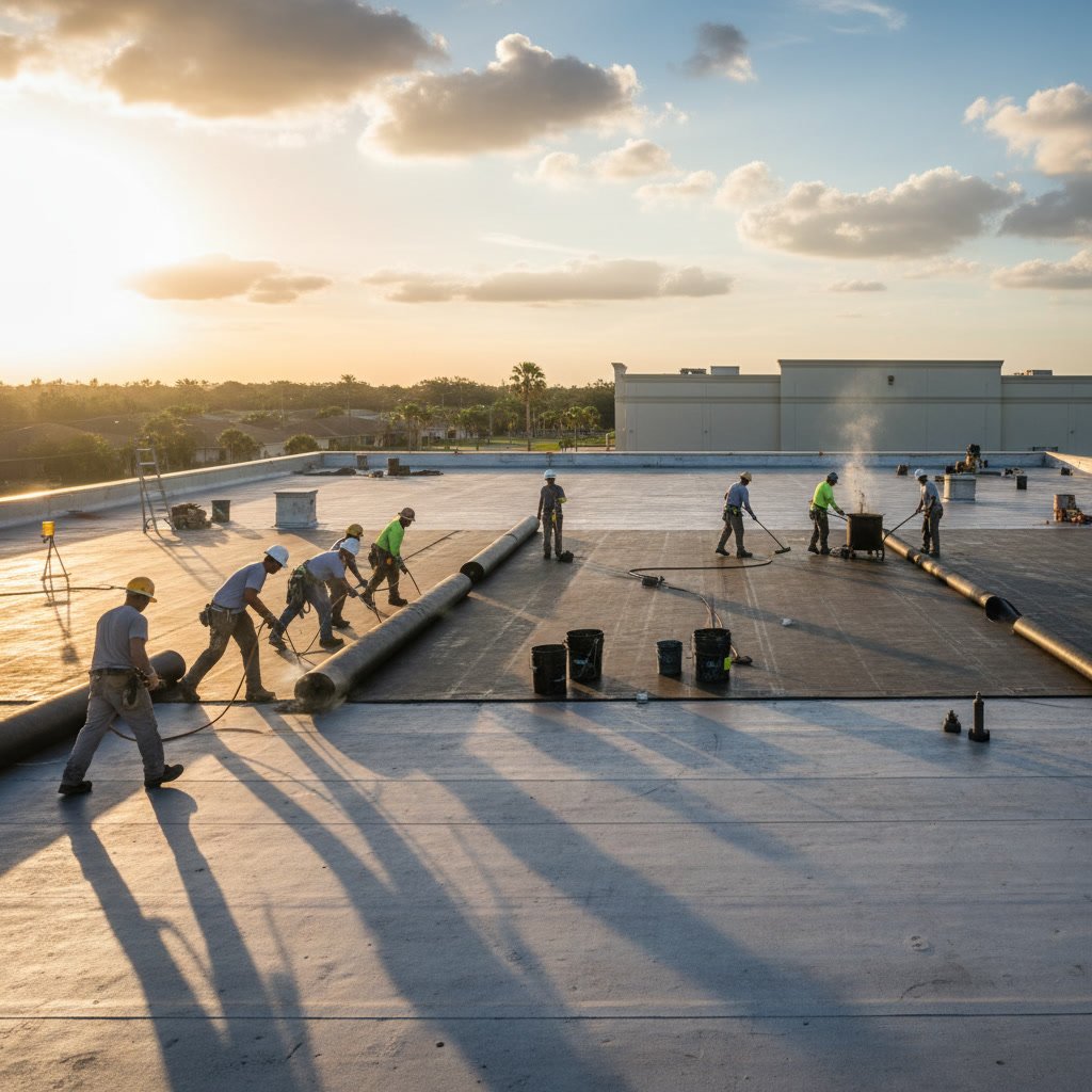 Single ply membrane roofing being installed with heat welding equipment on commercial building