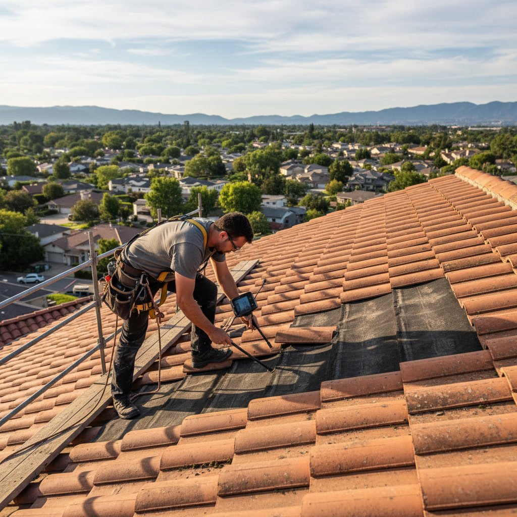 Close-up view of roof inspector examining tile underlayment and flashing condition