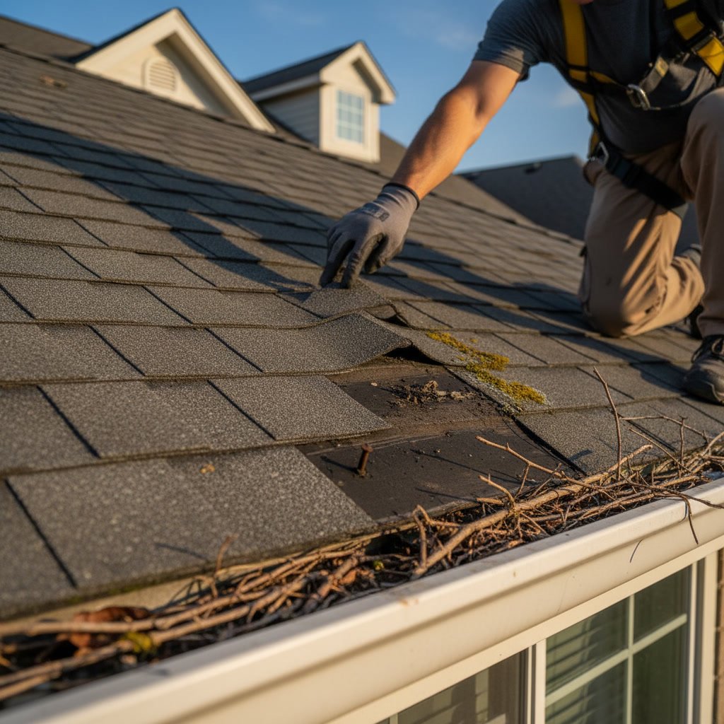 Close-up of damaged roof flashing and worn sealant detected during inspection
