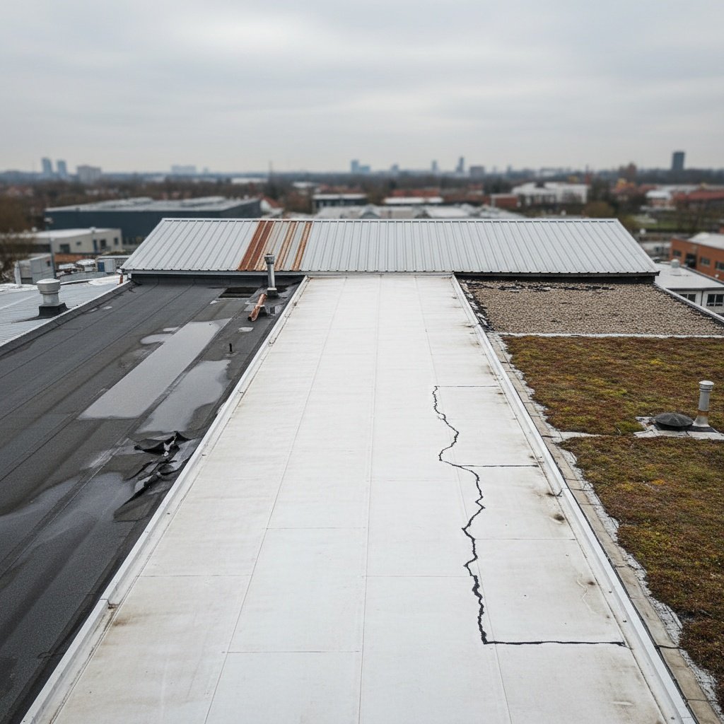 Side-by-side comparison of damaged commercial roof section and new replacement materials