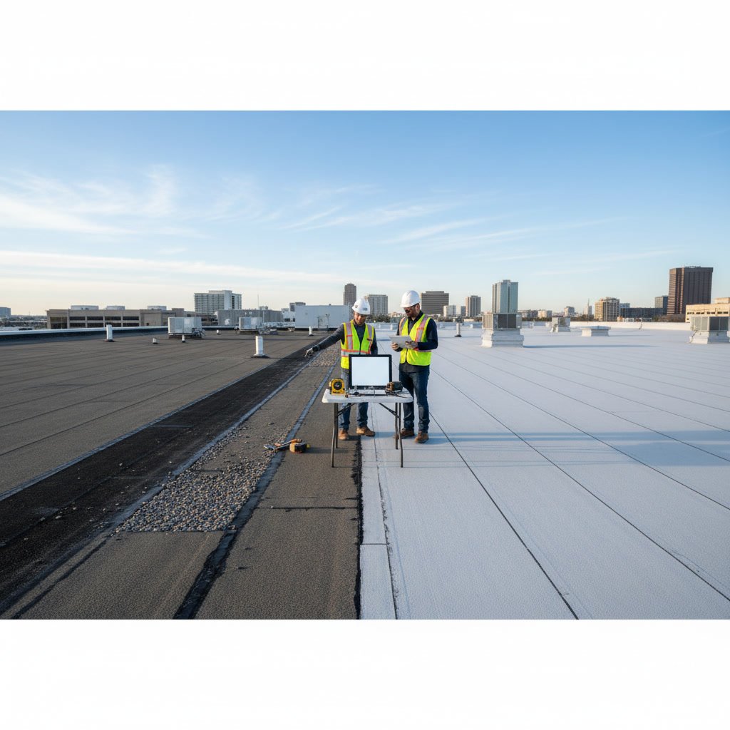 Commercial flat roof comparison showing built up roofing with gravel surface next to white single ply membrane