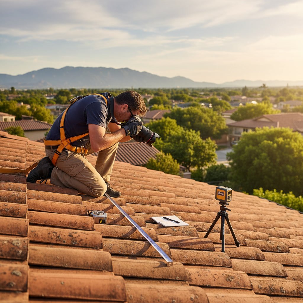Roof inspector documenting tile damage and measurements with camera and tablet