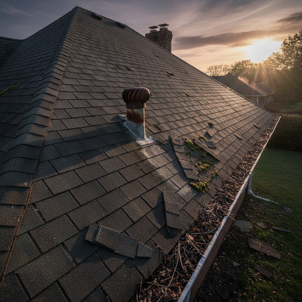 Attic interior showing moisture damage and staining from undetected roof leak