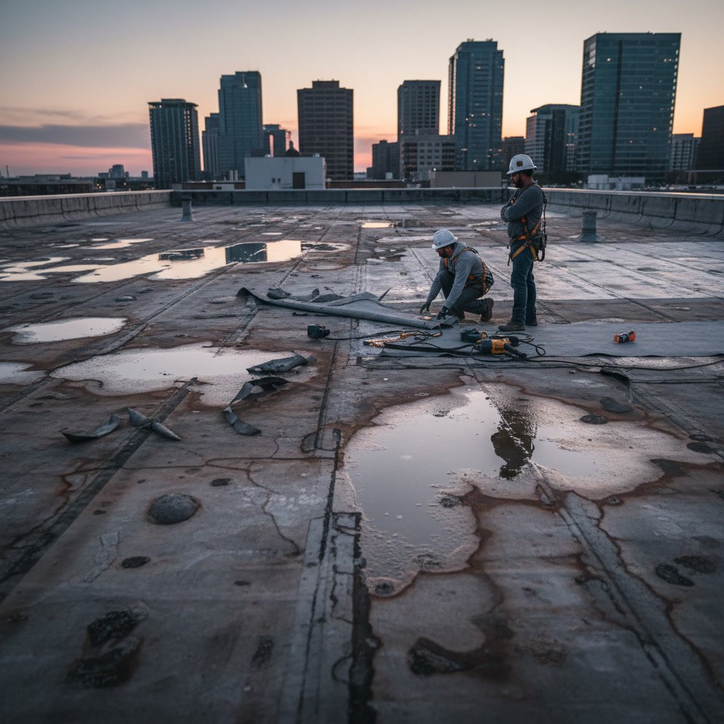 Commercial building with flat roof requiring repair or replacement assessment